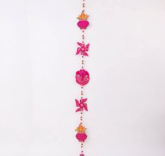 Handmade Wooden Kalash, Swastik, Ganesh Design Wall Hanging - Pink, Red